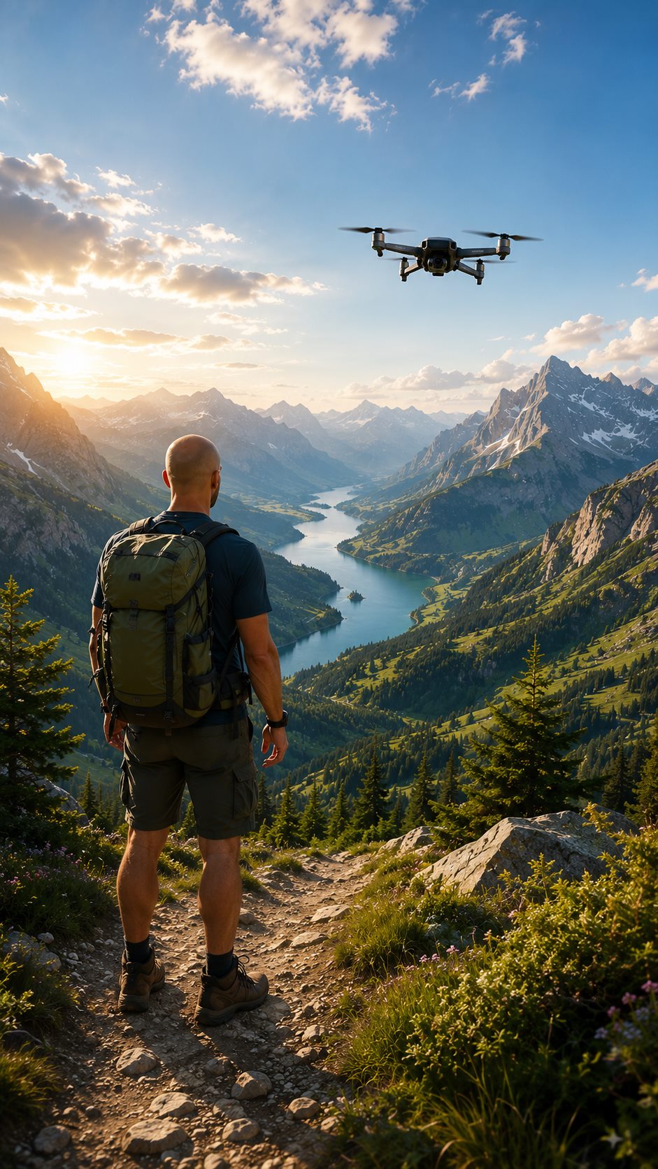 Randonneur face à un relief de montagne, avec un drone dans le ciel